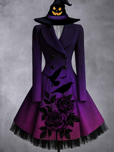 Gothic Floral Print Vintage Elegant Lapel V-Neck Button Up Long Sleeve Coat Dress