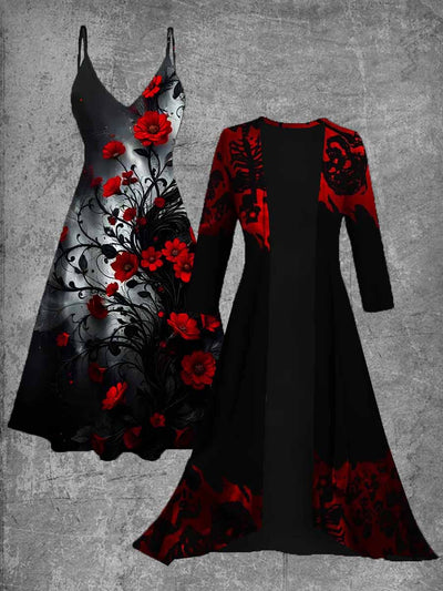 Retro Gothic Art Printed Vintage Camisole Dress Long Sleeve Two-Piece Midi Dress