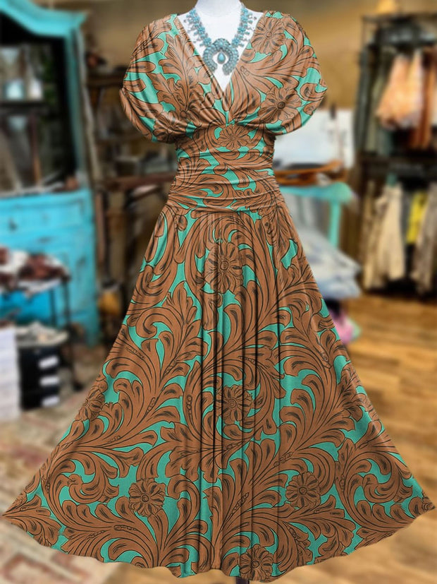 Retro Floral Art Printed Elegant V-Neck Vintage Batwing Short Sleeve Maxi Dress
