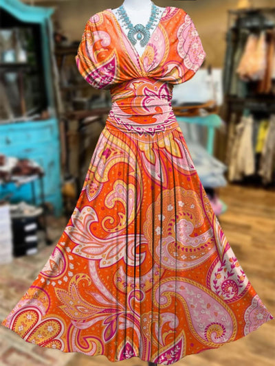 Retro Floral Art Printed Elegant V-Neck Vintage Batwing Short Sleeve Maxi Dress