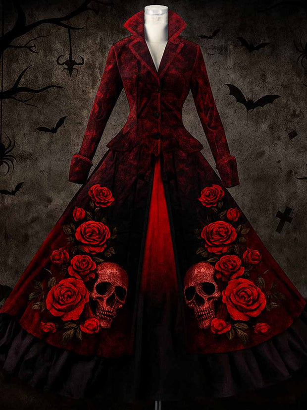 Retro Halloween Floral Art Printed Vintage Lapel V-Neck Button Up Double Hem Long-Sleeved Midi Dress