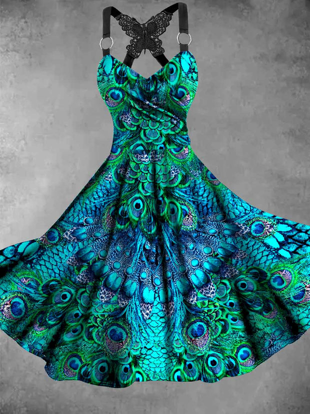 Retro Peacock Art Printed Vintage V-Neck Pleated Butterfly Cross-Wrap Midi Dress