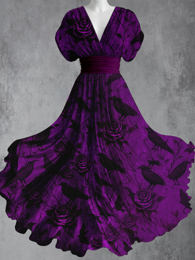 Retro Skull Gothic Floral Art Printed Elegant V-Neck Vintage Short Sleeve Maxi Dress