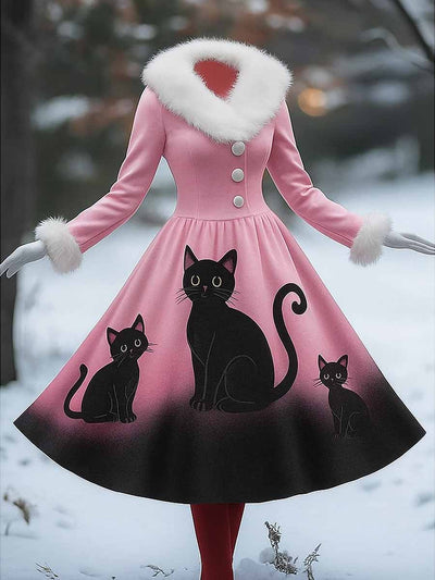 Cute Cat Art Printed Vintage Elegant Furry Fur Collar Long Sleeve Midi Dress
