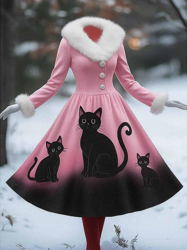 Cute Cat Art Printed Vintage Elegant Furry Fur Collar Long Sleeve Midi Dress