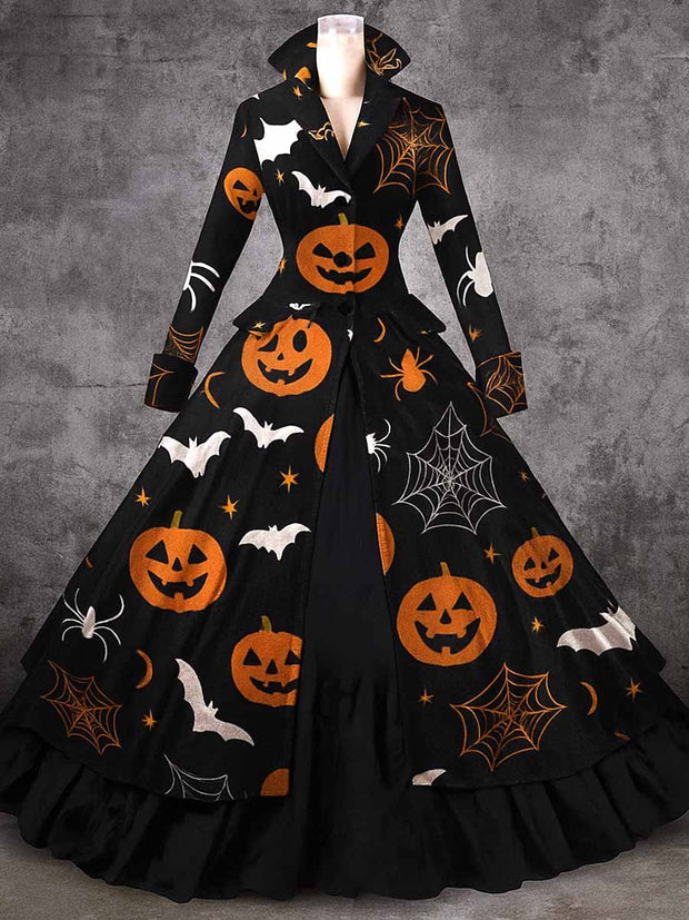 Retro Gothic Floral Art Printed Vintage Lapel V-Neck Button Up Double Hem Long-Sleeved Midi Dress