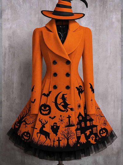 Gothic Pumpkin Art Print Vintage Elegant Lapel V-Neck Button Up Long Sleeve Coat Dress