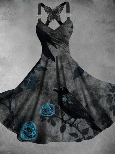 Gothic Crow Floral Art Print V-Neck Vintage Midi Dress