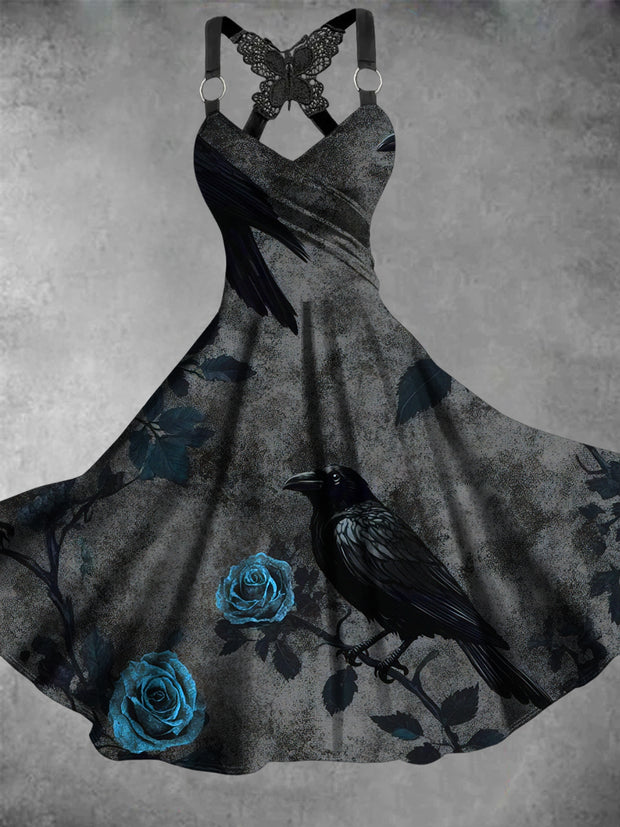 Gothic Crow Floral Art Print V-Neck Vintage Midi Dress