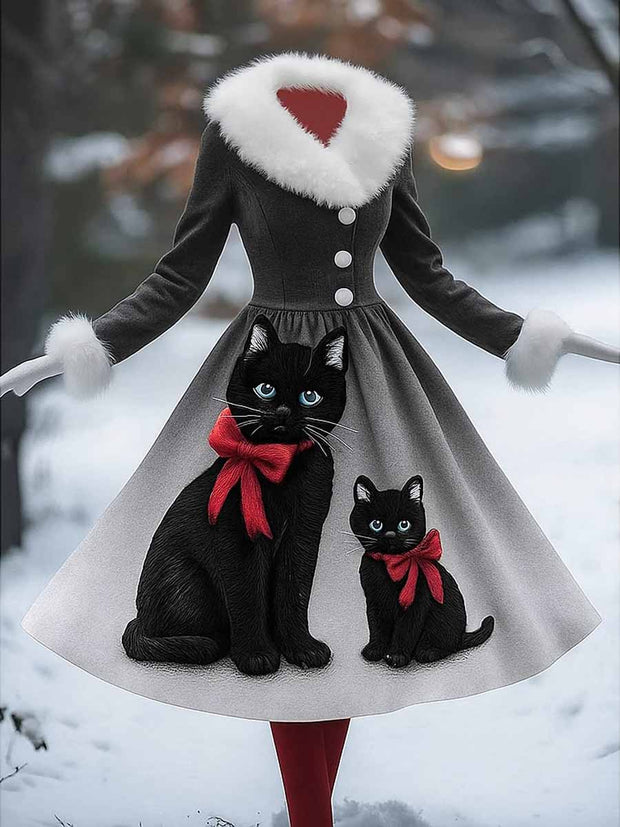 Cute Cat Art Printed Vintage Elegant Furry Fur Collar Long Sleeve Midi Dress