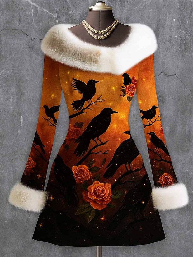 Gothic Pumpkin Art Print Vintage Elegant Furry Fur Collar Long Sleeve Midi Dress