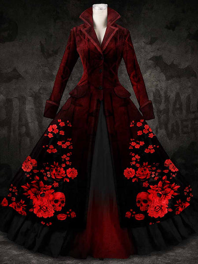 Retro Halloween Floral Art Printed Vintage Lapel V-Neck Button Up Double Hem Long-Sleeved Midi Dress