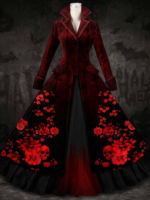 Retro Halloween Floral Art Printed Vintage Lapel V-Neck Button Up Double Hem Long-Sleeved Midi Dress