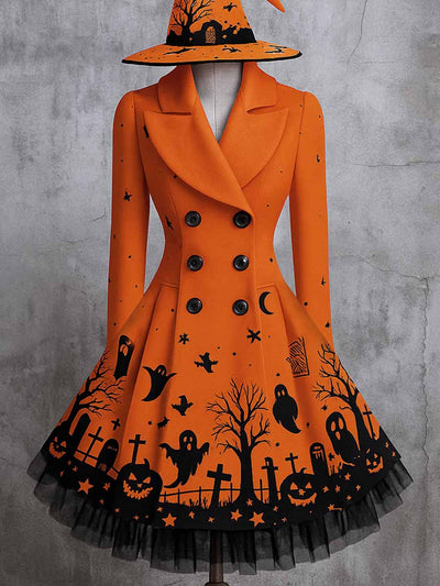 Gothic Pumpkin Art Print Vintage Elegant Lapel V-Neck Button Up Long Sleeve Coat Dress