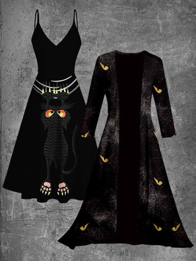 Gothic Black Cat Art Print Vintage Camisole Dress Long Sleeve Two-Piece Midi Dress