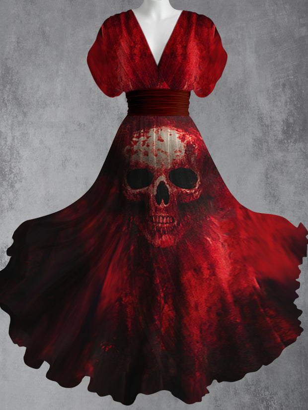 Gothic Skull Art Print V-Neck Vintage Elegant Short Sleeve Maxi Dress