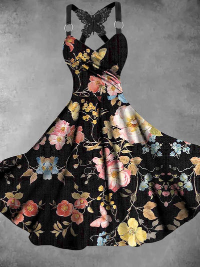 Retro Floral Art Printed Vintage V-Neck Pleated Butterfly Cross-Wrap Midi Dress