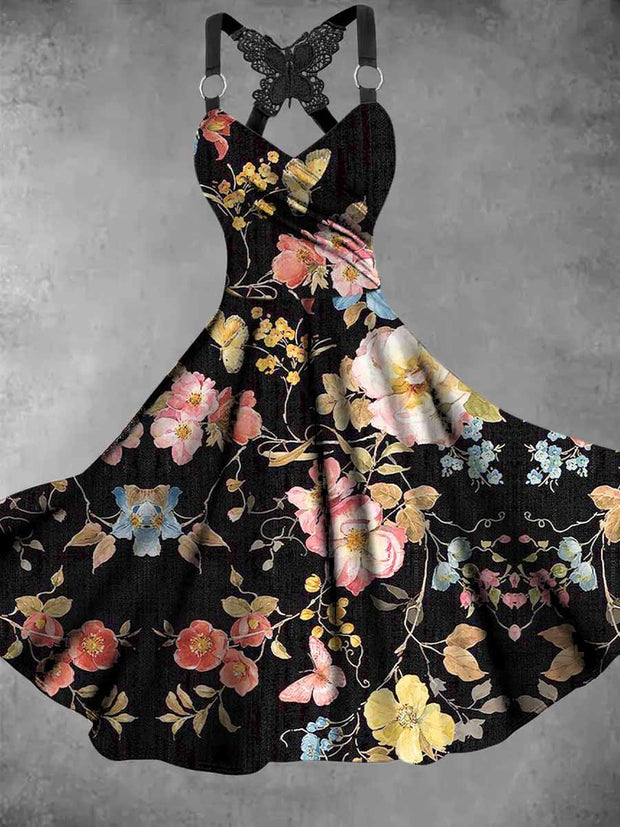 Retro Floral Art Printed Vintage V-Neck Pleated Butterfly Cross-Wrap Midi Dress