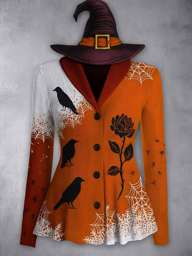 Gothic Crow Art Print Vintage Lapel V-Neck Long Sleeve Button up Cardigan Top