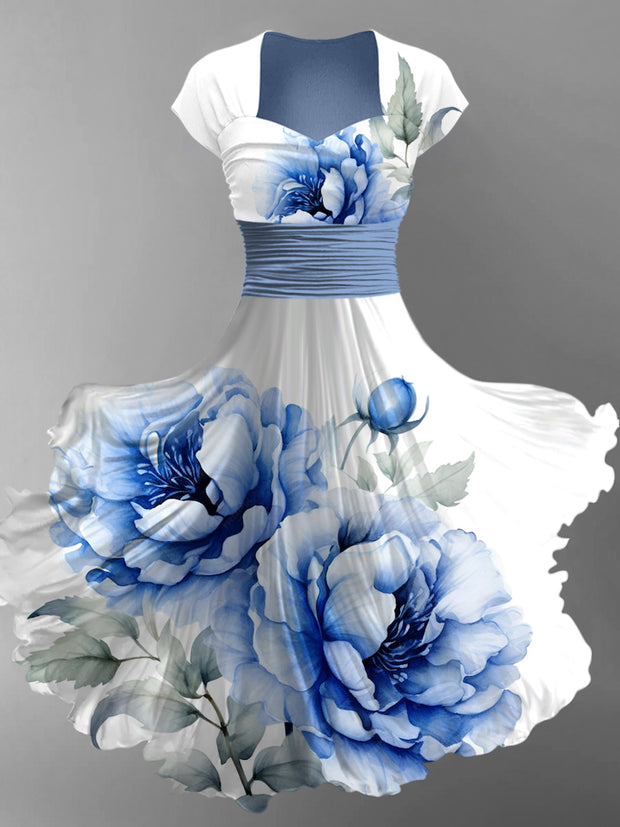 Retro Floral Art Printed Vintage V-Neck Pleated Waist Short Sleeve Midi Dress