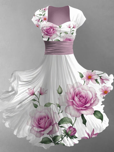 Retro Floral Art Printed Vintage V-Neck Pleated Waist Short Sleeve Midi Dress