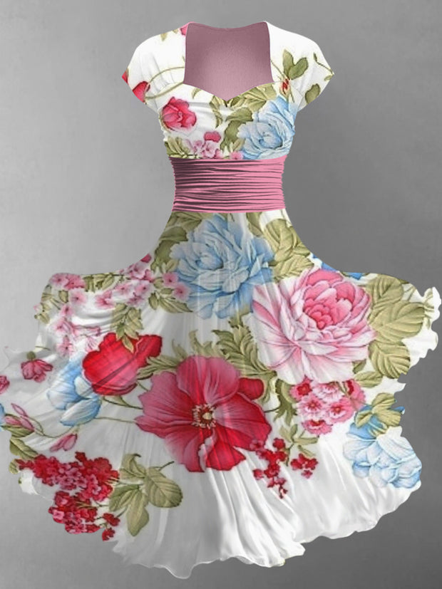 Retro Floral Art Printed Vintage V-Neck Pleated Waist Short Sleeve Midi Dress