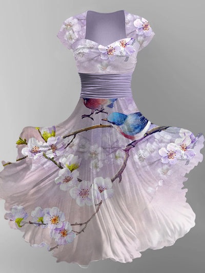Retro Floral Art Printed Vintage V-Neck Pleated Waist Short Sleeve Midi Dress