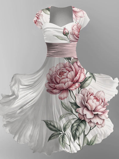 Retro Floral Art Printed Vintage V-Neck Pleated Waist Short Sleeve Midi Dress