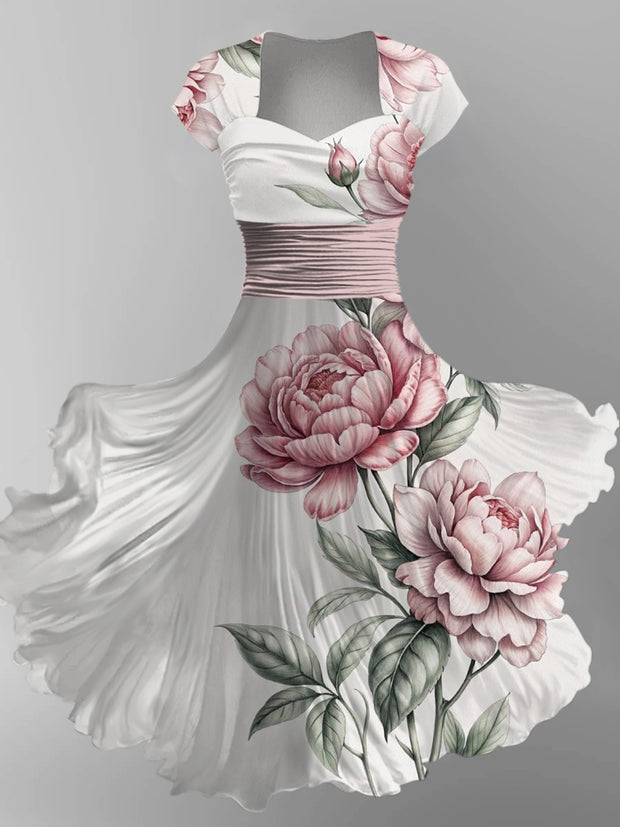 Retro Floral Art Printed Vintage V-Neck Pleated Waist Short Sleeve Midi Dress