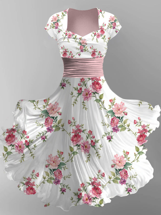 Retro Floral Art Printed Vintage V-Neck Pleated Waist Short Sleeve Midi Dress