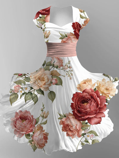 Retro Floral Art Printed Vintage V-Neck Pleated Waist Short Sleeve Midi Dress