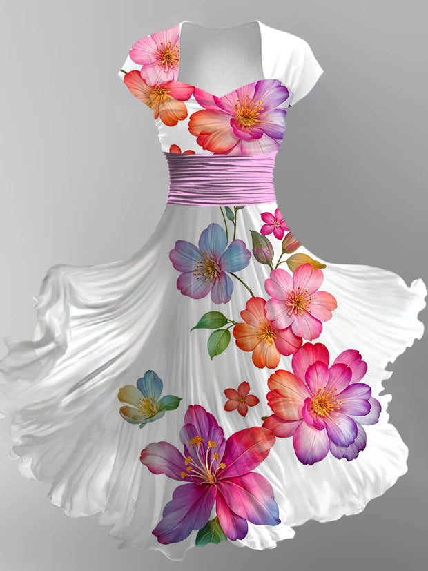 Retro Floral Art Printed Vintage V-Neck Pleated Waist Short Sleeve Midi Dress