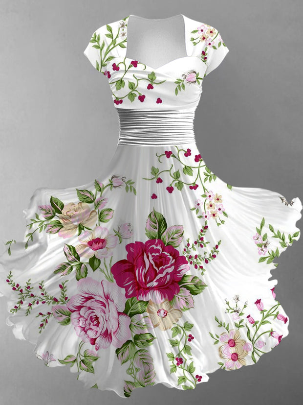 Retro Floral Art Printed Vintage V-Neck Pleated Waist Short Sleeve Midi Dress