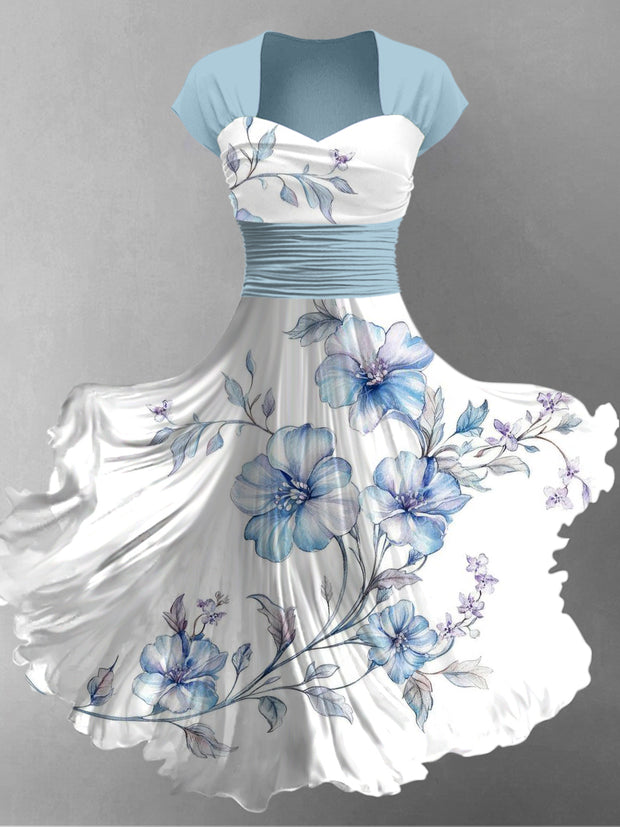 Retro Floral Art Printed Vintage V-Neck Pleated Waist Short Sleeve Midi Dress
