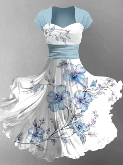 Retro Floral Art Printed Vintage V-Neck Pleated Waist Short Sleeve Midi Dress