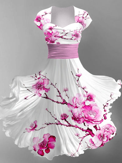 Retro Floral Art Printed Vintage V-Neck Pleated Waist Short Sleeve Midi Dress