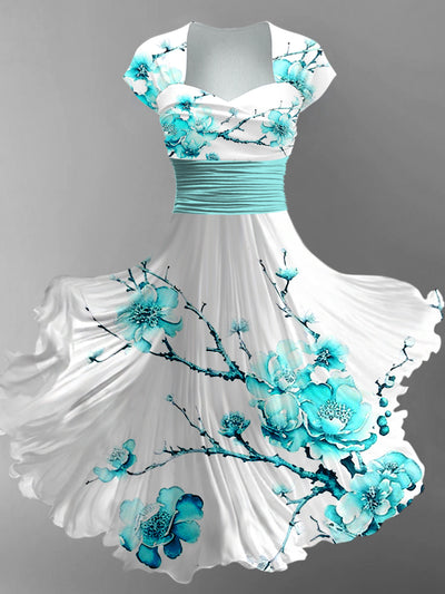 Retro Floral Art Printed Vintage V-Neck Pleated Waist Short Sleeve Midi Dress