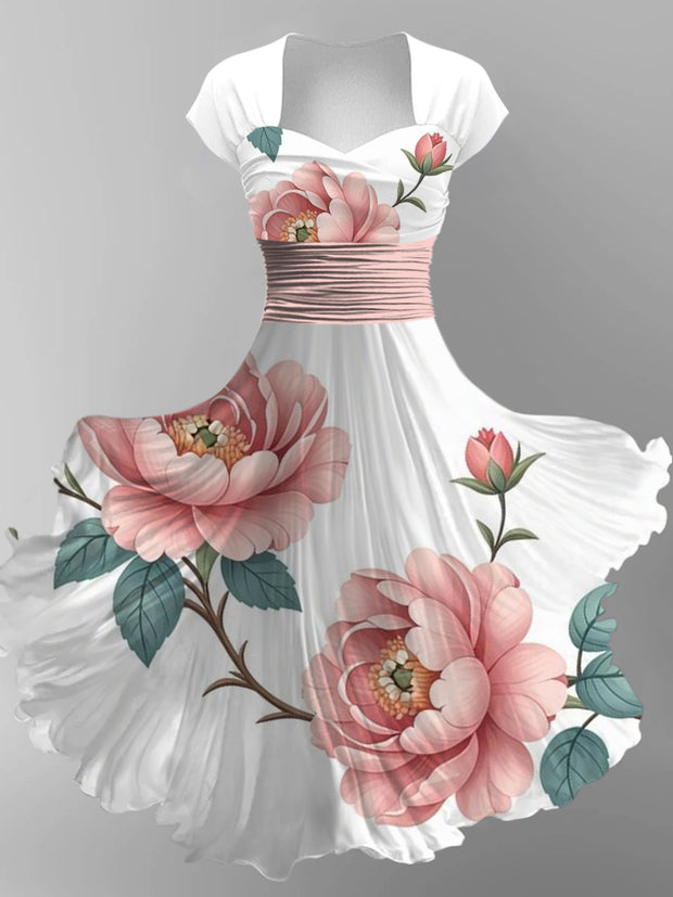 Retro Floral Art Printed Vintage V-Neck Pleated Waist Short Sleeve Midi Dress