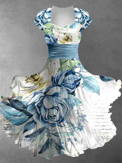 Retro Floral Art Printed Vintage V-Neck Pleated Waist Short Sleeve Midi Dress