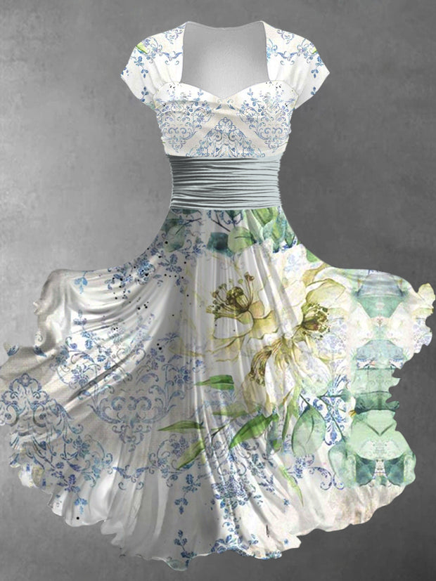 Retro Floral Art Printed Vintage V-Neck Pleated Waist Short Sleeve Midi Dress