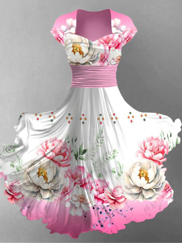 Retro Floral Art Printed Vintage V-Neck Pleated Waist Short Sleeve Midi Dress