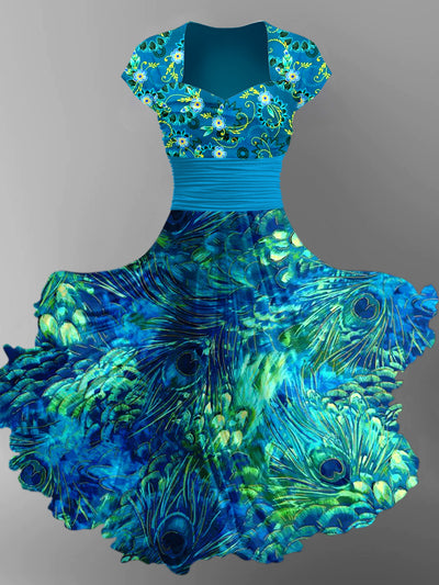 Retro Floral Art Printed Vintage V-Neck Pleated Waist Short Sleeve Midi Dress