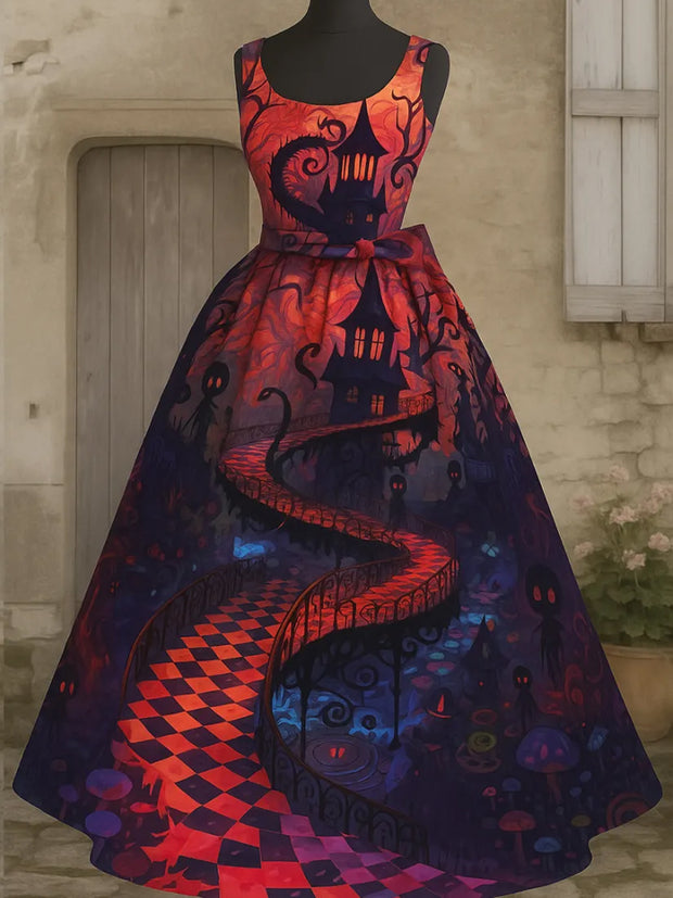 Retro Gothic Floral Art Print V-Neck Sleeveless Cotton Maxi Dress