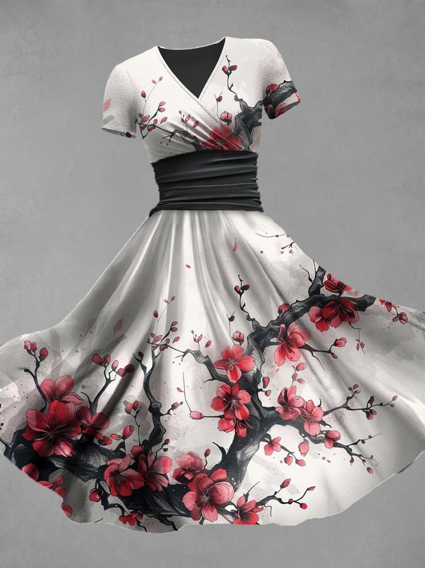 Retro Floral Art Printed Vintage V-Neck Pleated Waist Short Sleeve Midi Dress