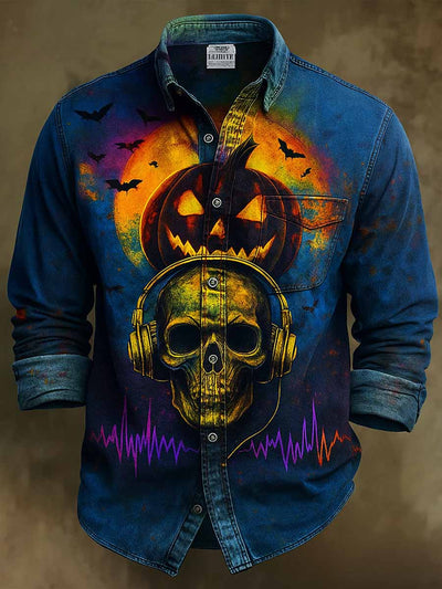Retro Halloween Gothic Art Abstract Printed Cotton Vintage Casual Cotton Long Sleeve Shirt