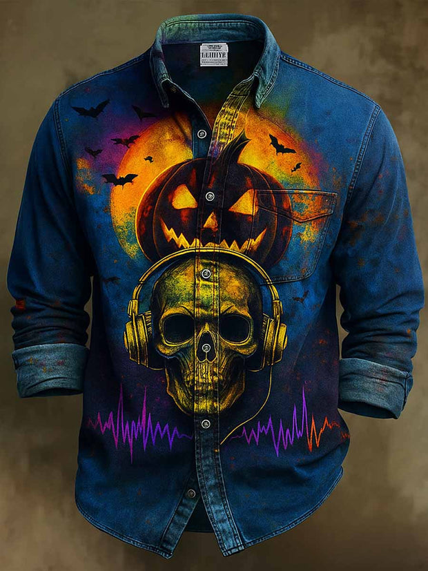 Retro Halloween Gothic Art Abstract Printed Cotton Vintage Casual Cotton Long Sleeve Shirt