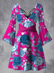 Retro Floral Art Printed Vintage Lace Butterfly Pleated Waist Long Sleeves Midi Dress