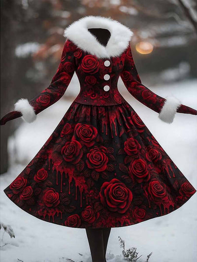 Gothic Floral Art Printed Vintage Elegant Furry Fur Collar Long Sleeve Midi Dress