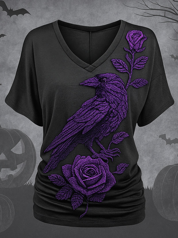 Retro Happy Halloween Floral Printed Vintage Lapel V-Neck Vintage Relaxed Loose Batwing Sleeve Top