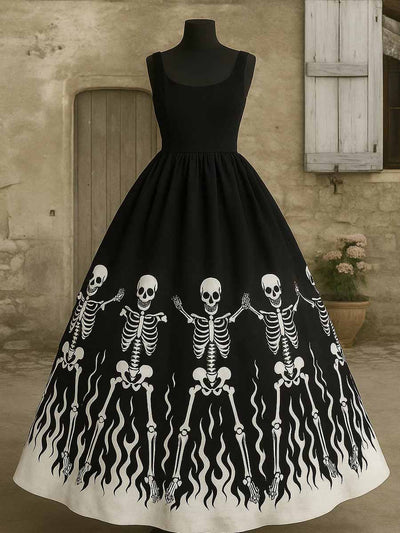 Retro Gothic Floral Art Print Vintage V-Neck Sleeveless Cotton Maxi Dress